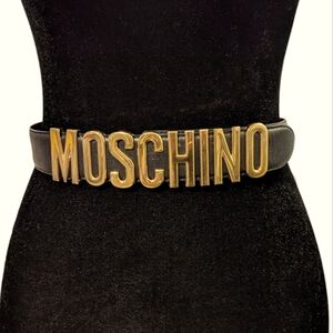 Moschino Leather Logo Belt Statement Black and Gold Authentic
